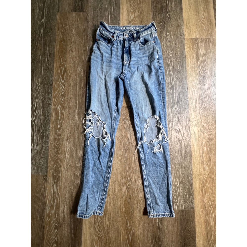 American Eagle Mom Jeans Womens 00 Blue Distressed High Rise Rigid Denim 952